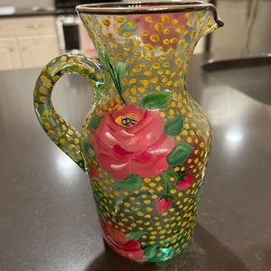 MacKenzie Childs hand painted glass pitcher